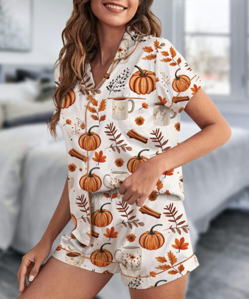Pumpkin Spice Fall Satin Pajamas Set For Women