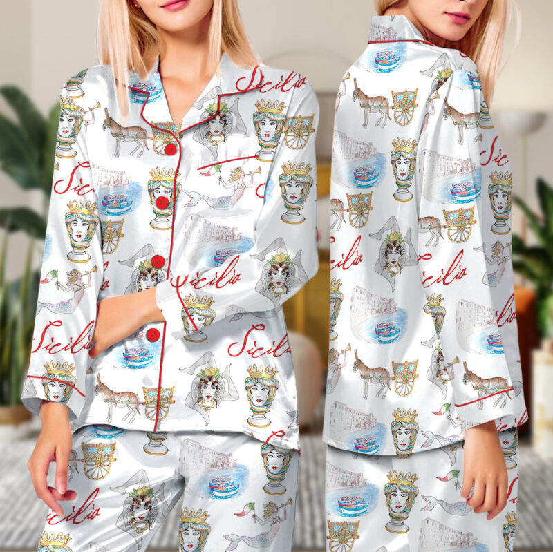Sicily Italy Travel Silky Satin Pajama Set For Women