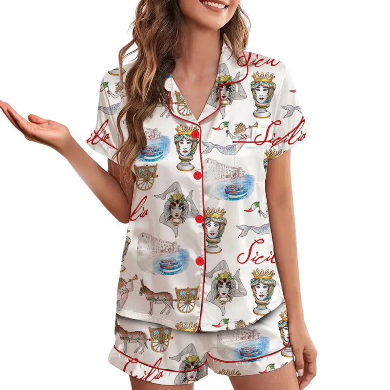 Sicily Italy Travel Silky Satin Pajama Set For Women
