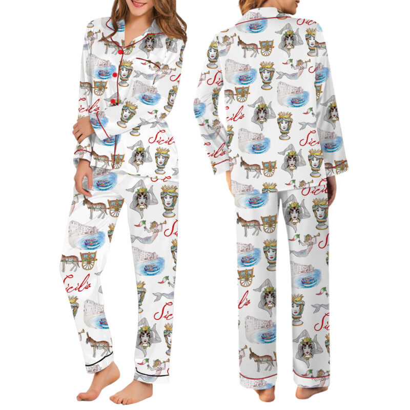 Sicily Italy Travel Silky Satin Pajama Set For Women