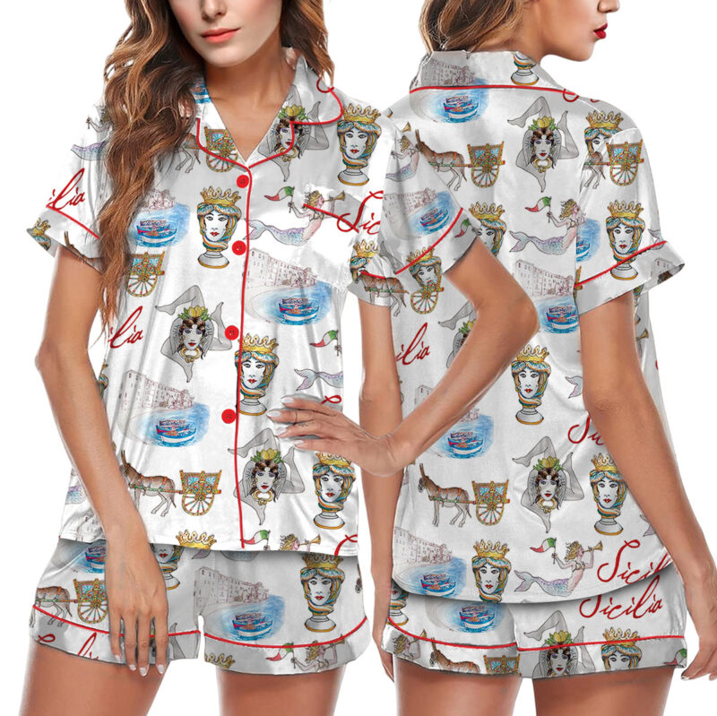 Sicily Italy Travel Silky Satin Pajama Set For Women