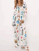 Travel Lover Silk Satin Pajama Set For Women