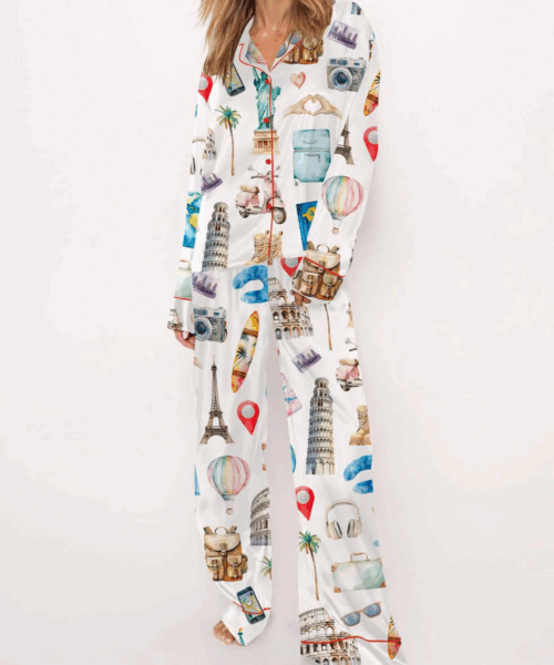 Travel Lover Silk Satin Pajama Set For Women