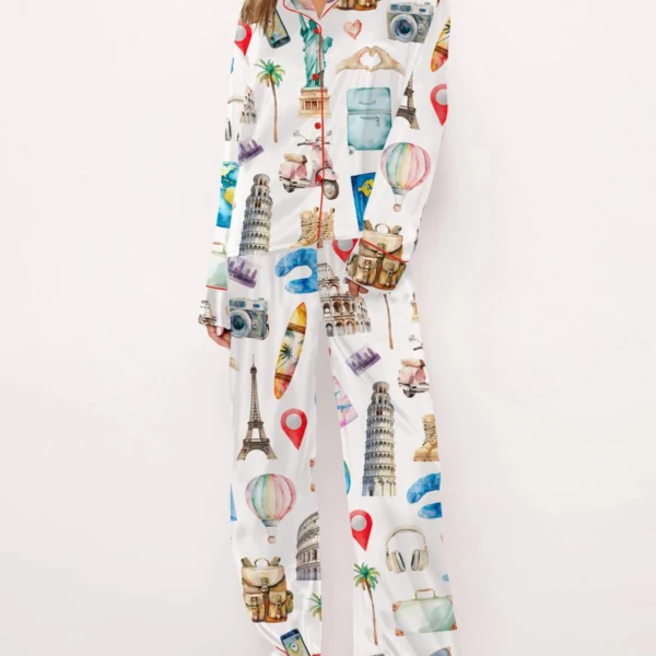 Travel Lover Silk Satin Pajama Set For Women