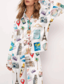 Travel Lover Silk Satin Pajama Set For Women