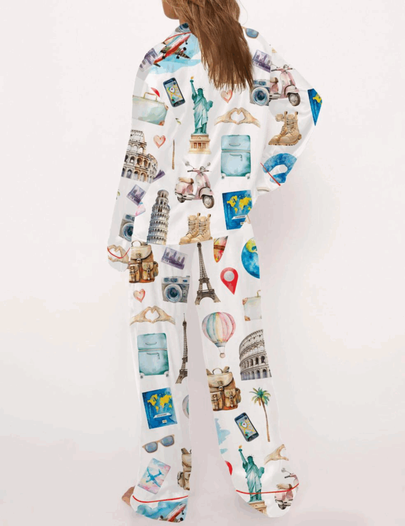 Travel Lover Silk Satin Pajama Set For Women