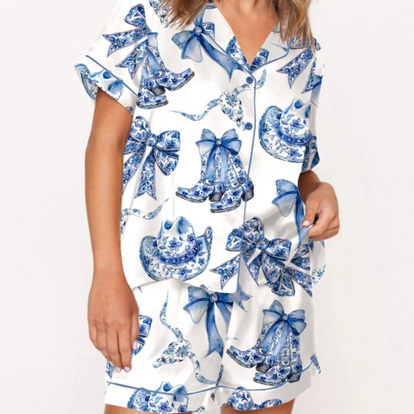 Trendy Western Coastal Cowgirl Silk Satin Pajama Set For Women