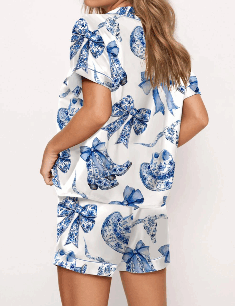 Trendy Western Coastal Cowgirl Silk Satin Pajama Set For Women
