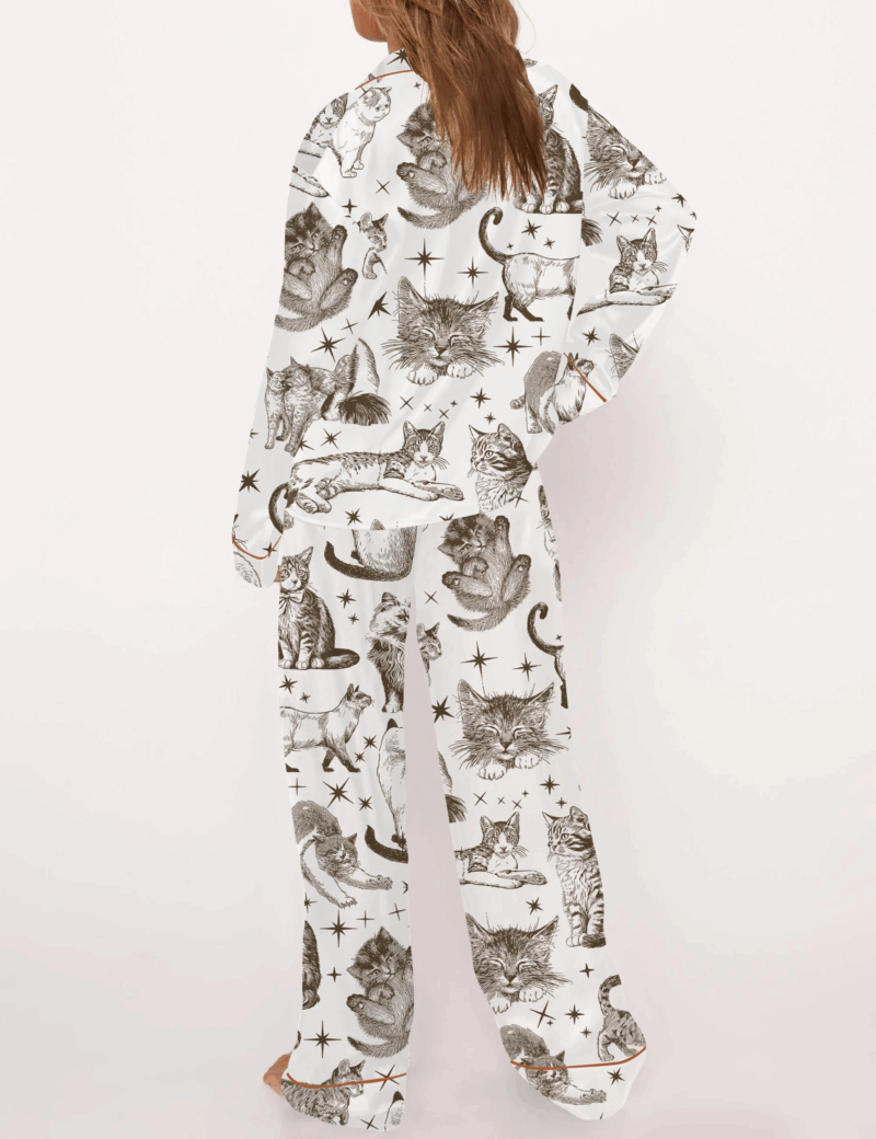 Vintage Cats Silk Satin Pajama Set For Women