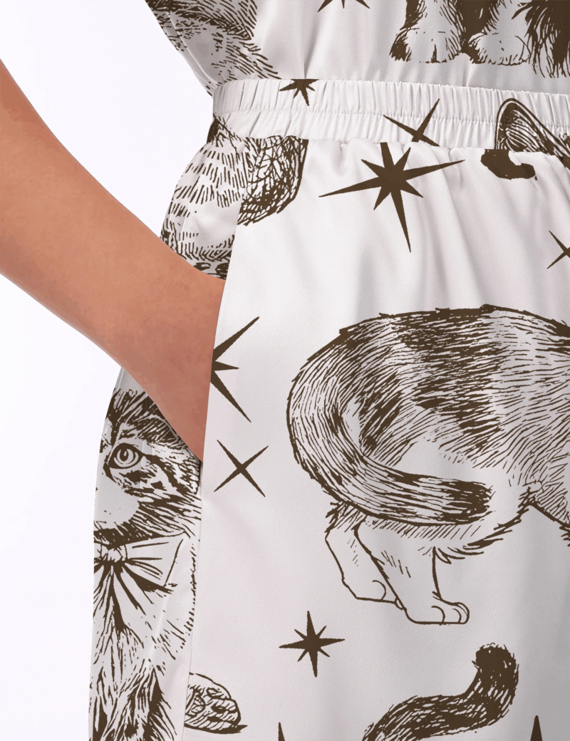 Vintage Cats Silk Satin Pajama Set For Women