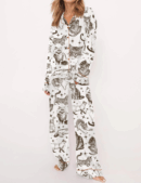 Vintage Cats Silk Satin Pajama Set For Women