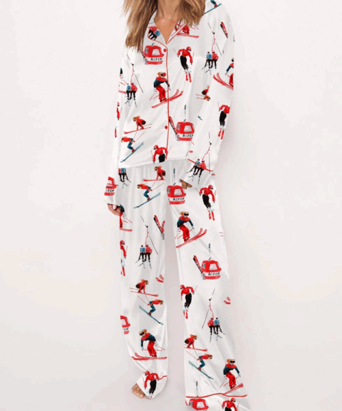 Vintage Skiers Silk Satin Pajama Set For Women