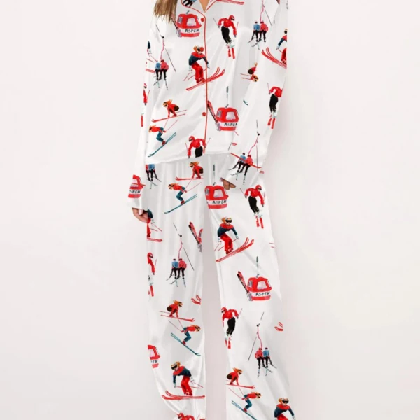 Vintage Skiers Silk Satin Pajama Set For Women