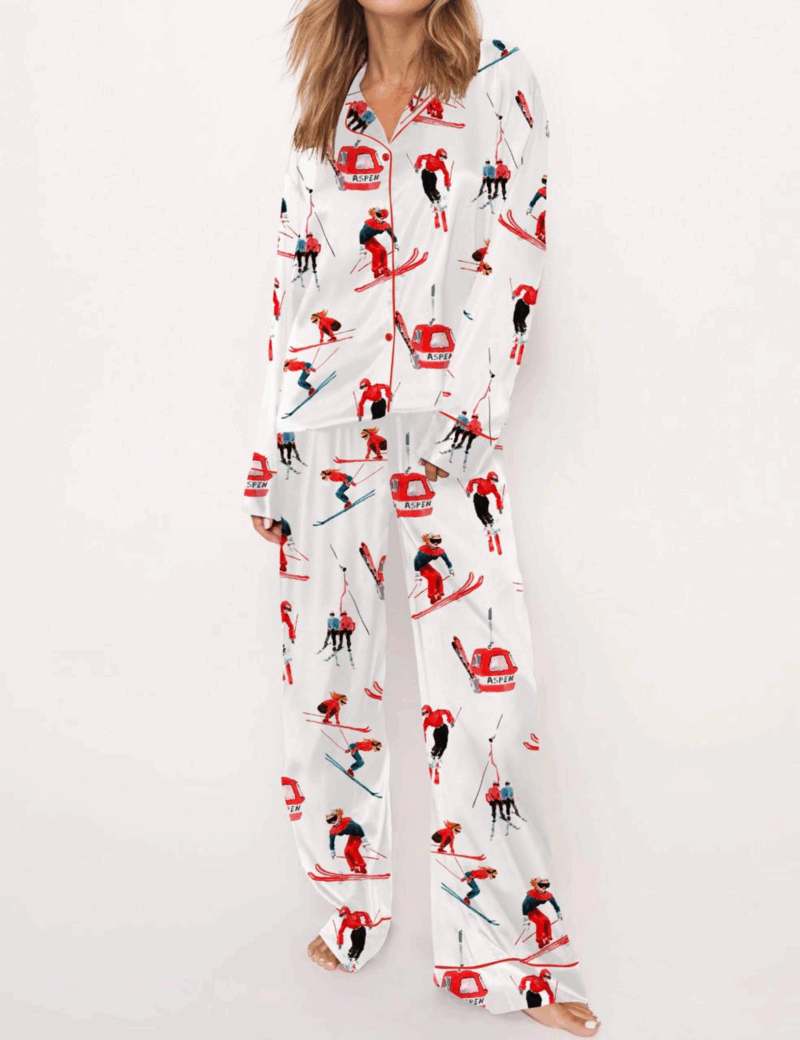 Vintage Skiers Silk Satin Pajama Set For Women