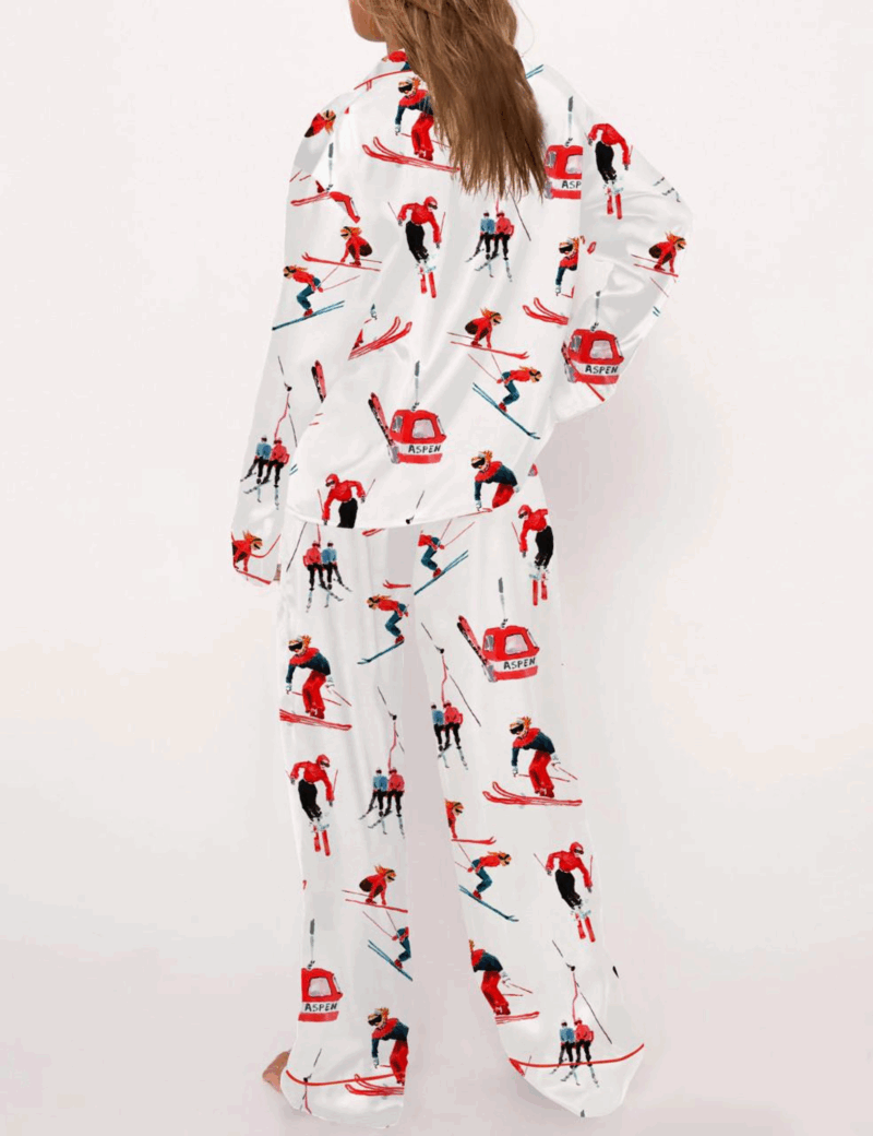 Vintage Skiers Silk Satin Pajama Set For Women