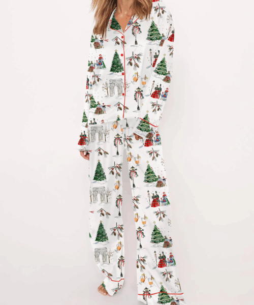 Watercolor Christmas Silk Satin Pajama Set For Women