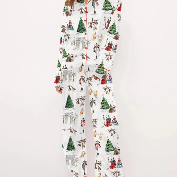 Watercolor Christmas Silk Satin Pajama Set For Women