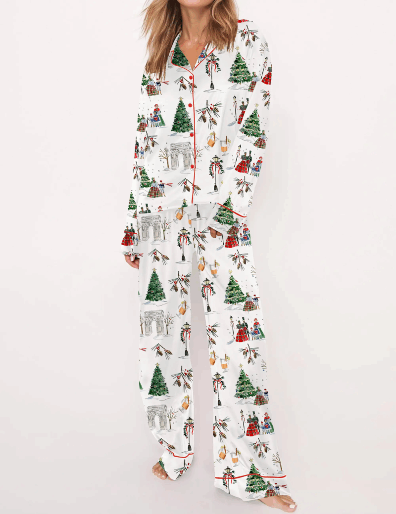 Watercolor Christmas Silk Satin Pajama Set For Women