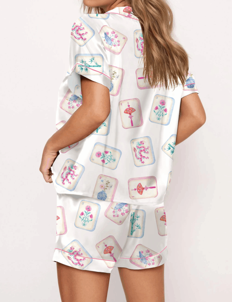 Watercolor Mahjong Silk Satin Pajama Set For Women