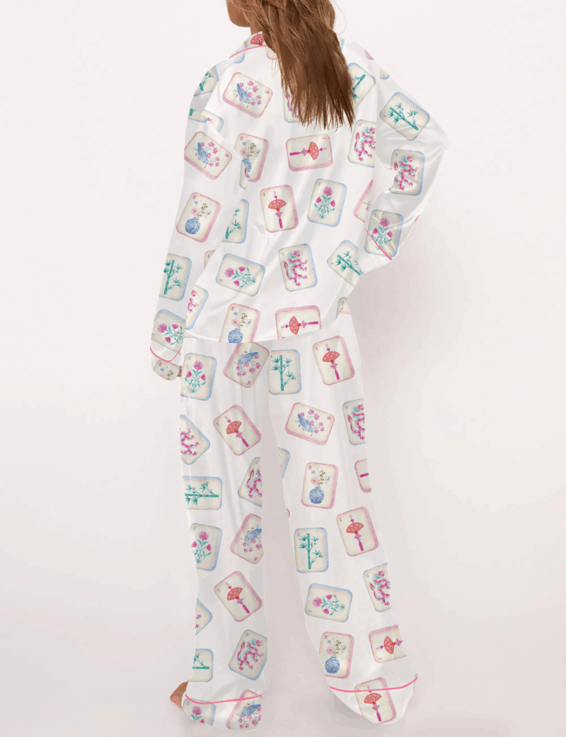 Watercolor Mahjong Silk Satin Pajama Set For Women