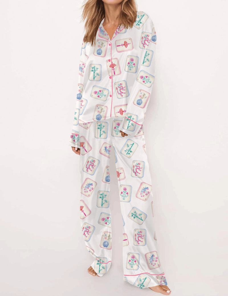 Watercolor Mahjong Silk Satin Pajama Set For Women