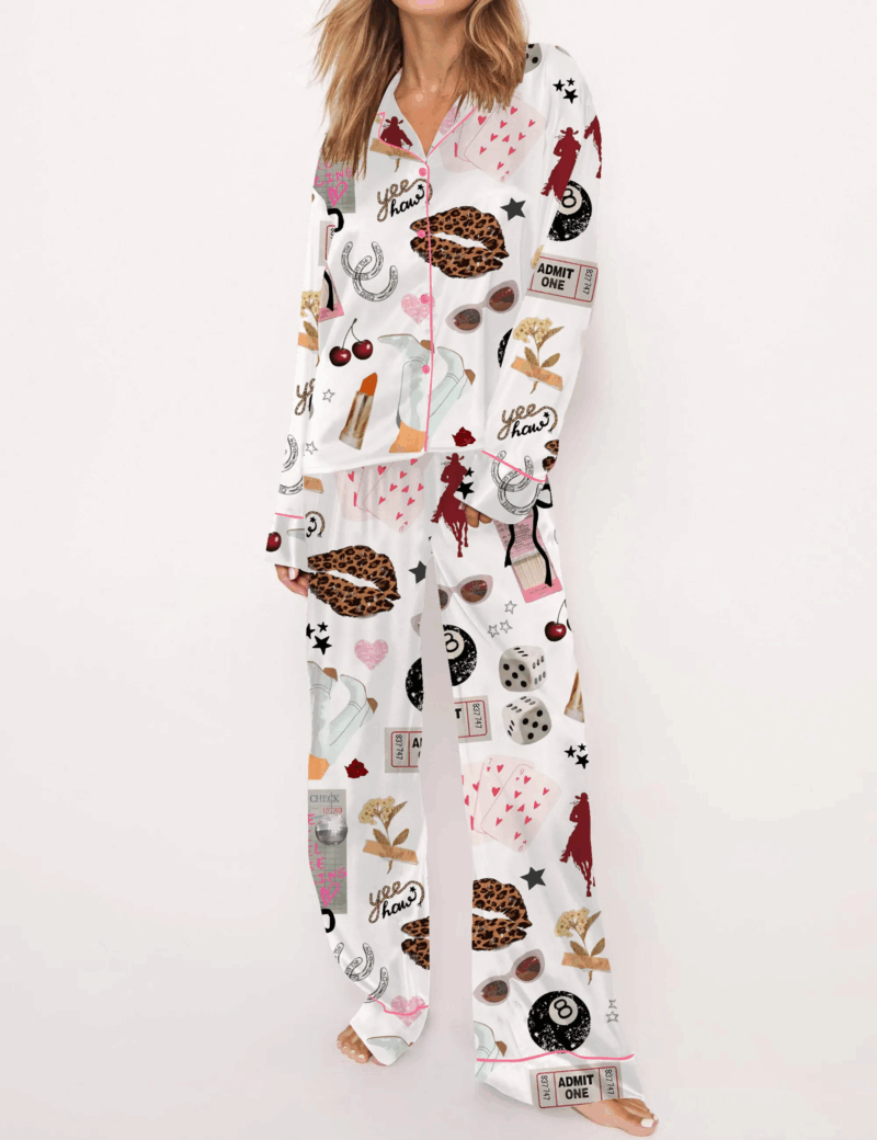 Western Cowgirl Glam Silk Satin Pajama Set For Women