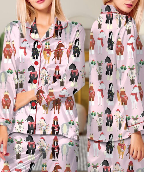Women_s Funny Horse Christmas Satin Pajamas Set