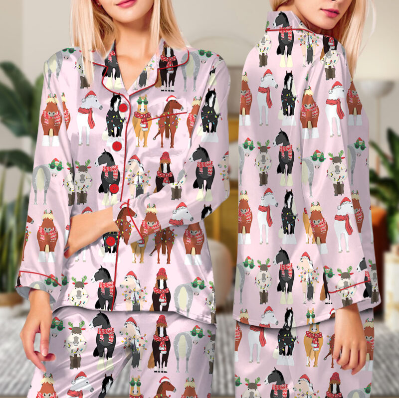 Women_s Funny Horse Christmas Satin Pajamas Set