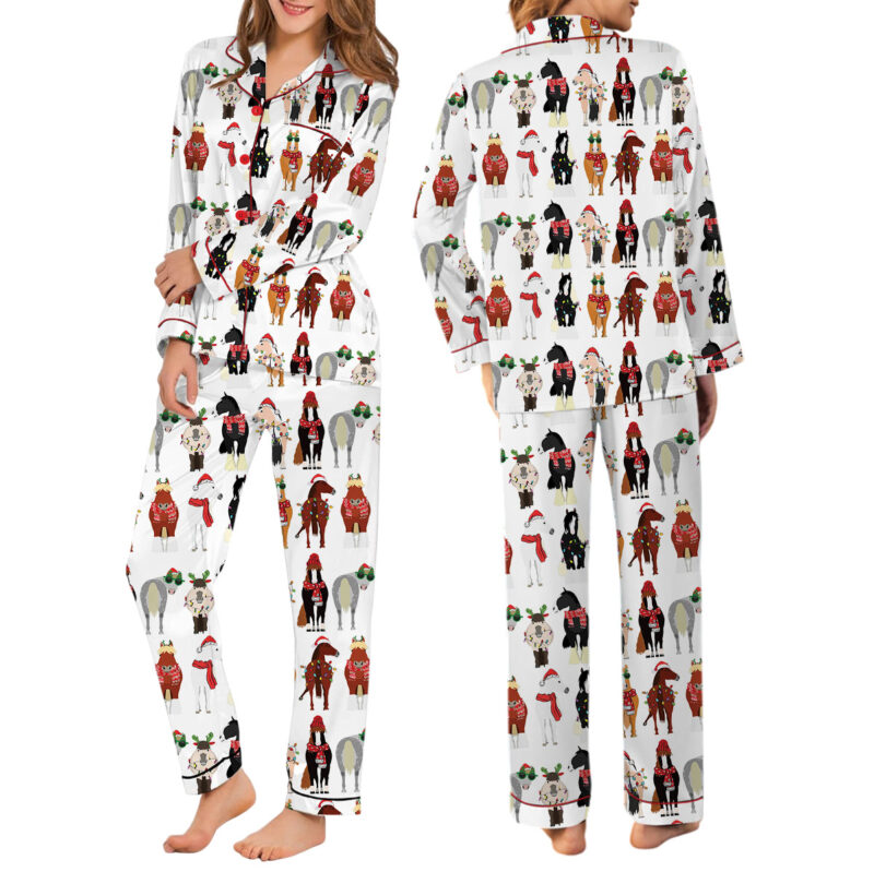 Women_s Funny Horse Christmas Satin Pajamas Set