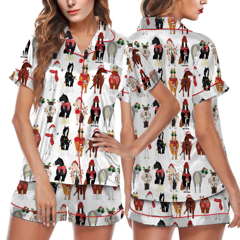 Women_s Funny Horse Christmas Satin Pajamas Set
