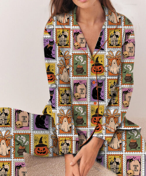 Women_s Halloween Cat Ghost Satin Pajama Set