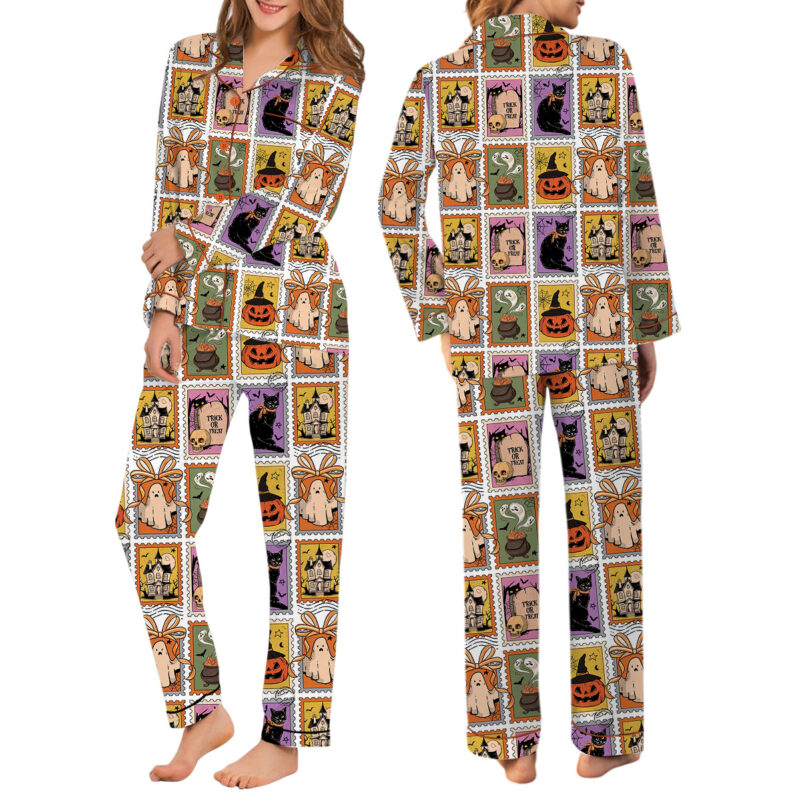 Women_s Halloween Cat Ghost Satin Pajama Set