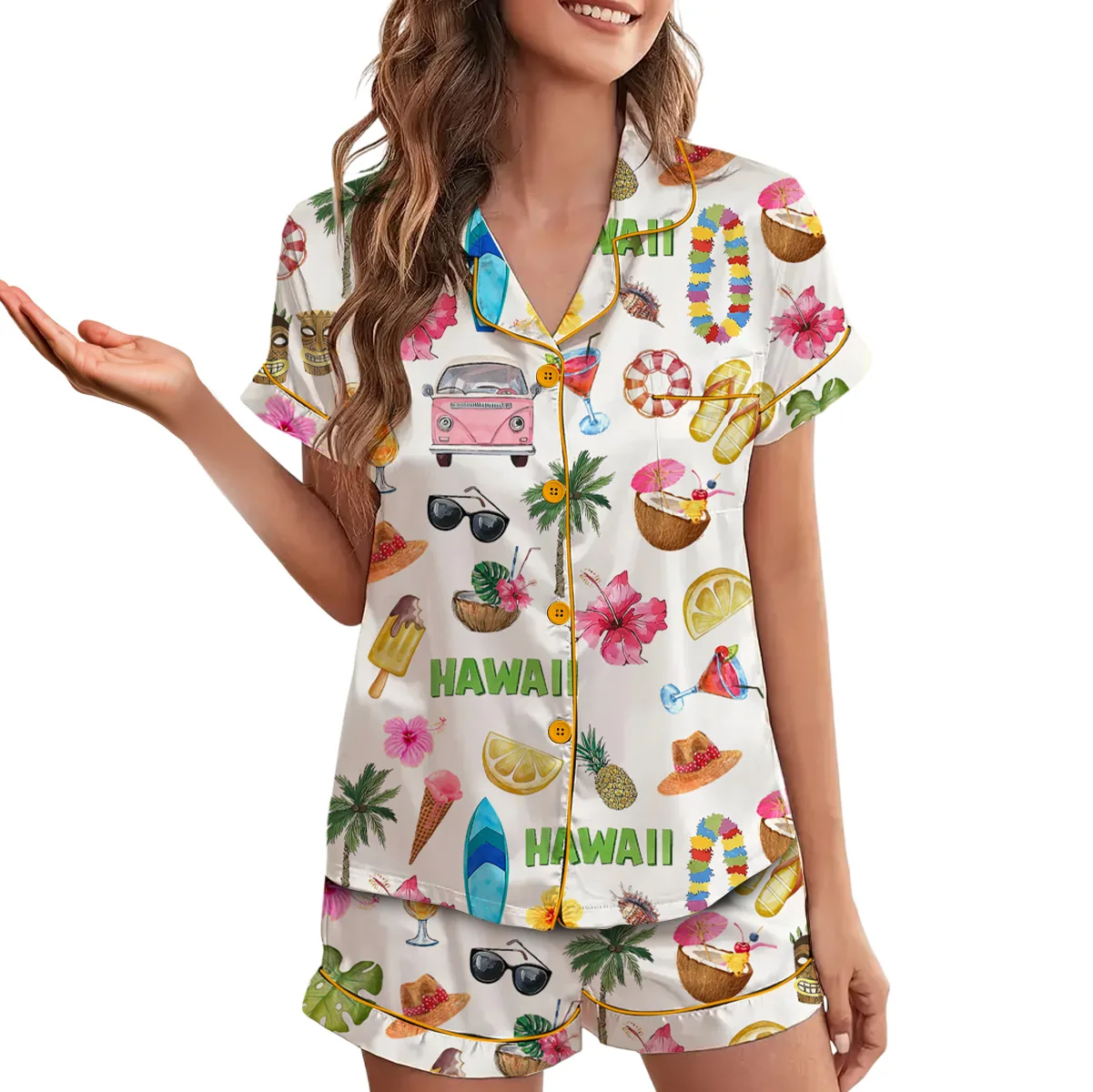 Women_s Hawaii Travel Short Sleeve Satin Pajama Set
