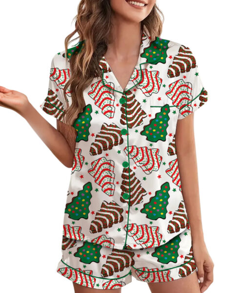 Womens Christmas Tree Cake Satin Pajamas Set
