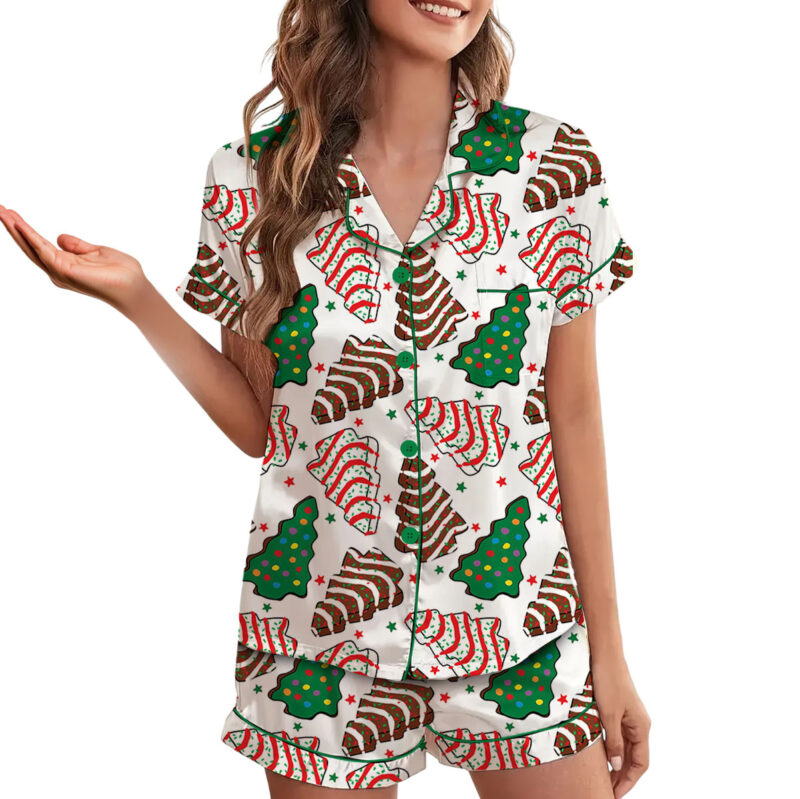 Womens Christmas Tree Cake Satin Pajamas Set
