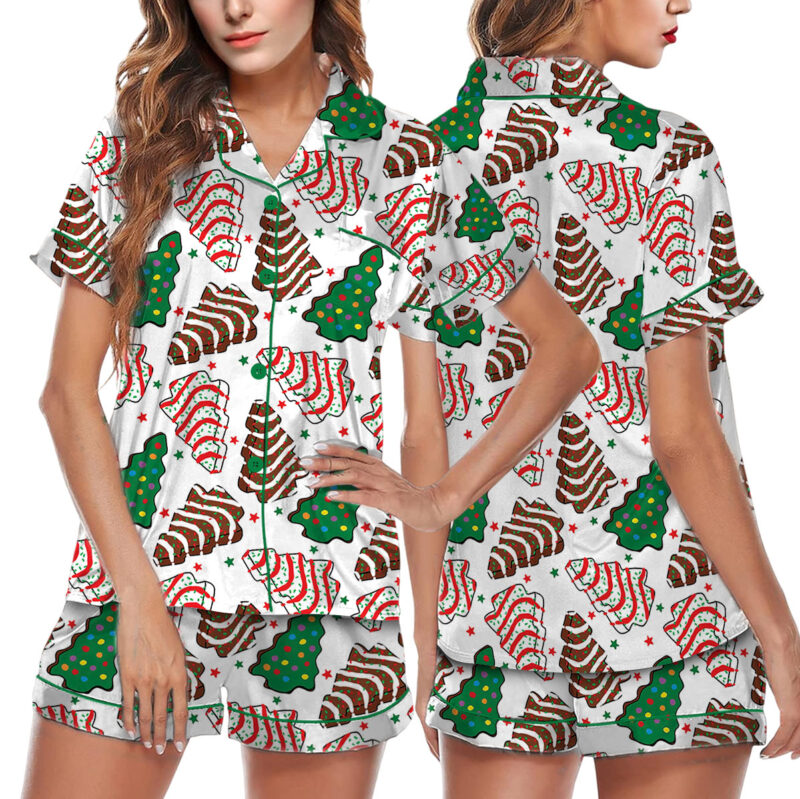 Womens Christmas Tree Cake Satin Pajamas Set
