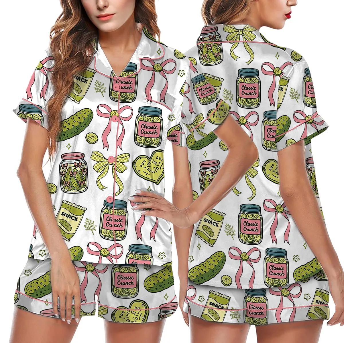 Women's Pickle Print Satin Pajamas Set