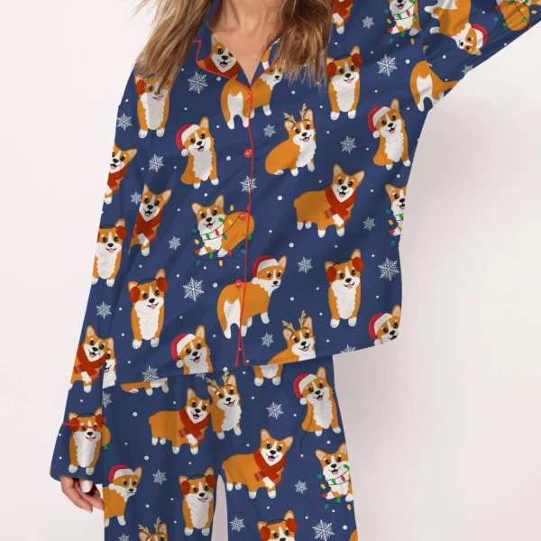 Corgi Dog Christmas Silky Satin Pajama Set For Women
