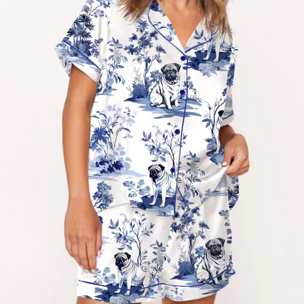 Pug Dog Silky Satin Pajama Set For Women