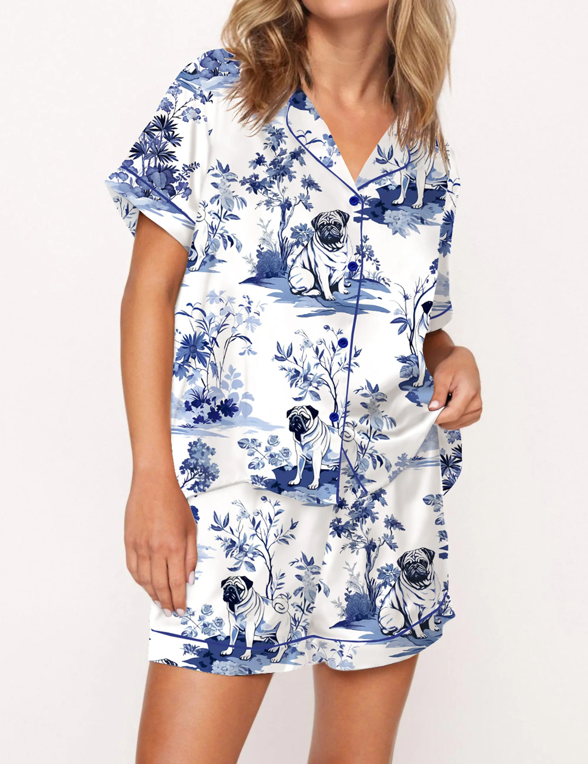 Pug Dog Silky Satin Pajama Set For Women