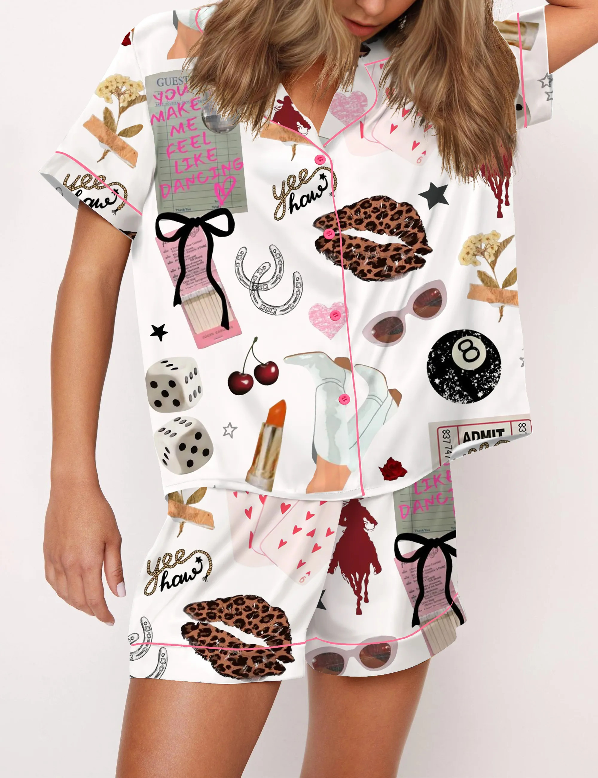 Western Cowgirl Glam Silk Satin Pajama Set For Women