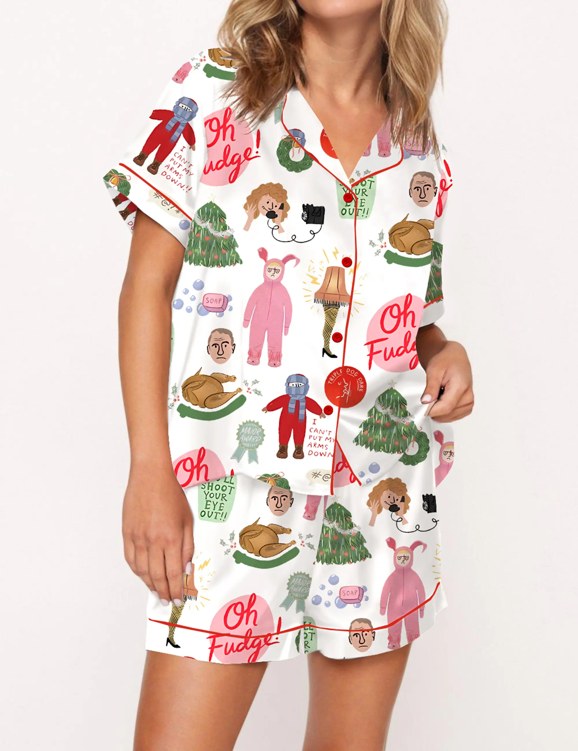 Christmas Story Silk Satin Pajama Set For Women