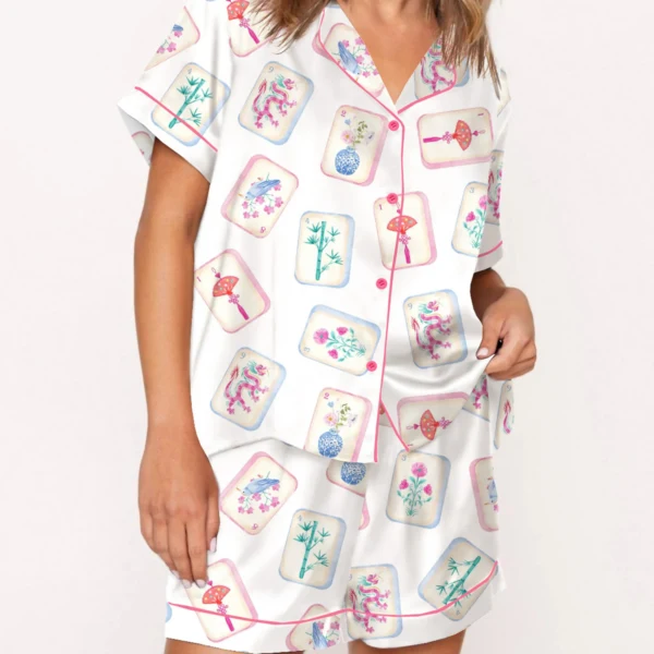 Watercolor Mahjong Silk Satin Pajama Set For Women