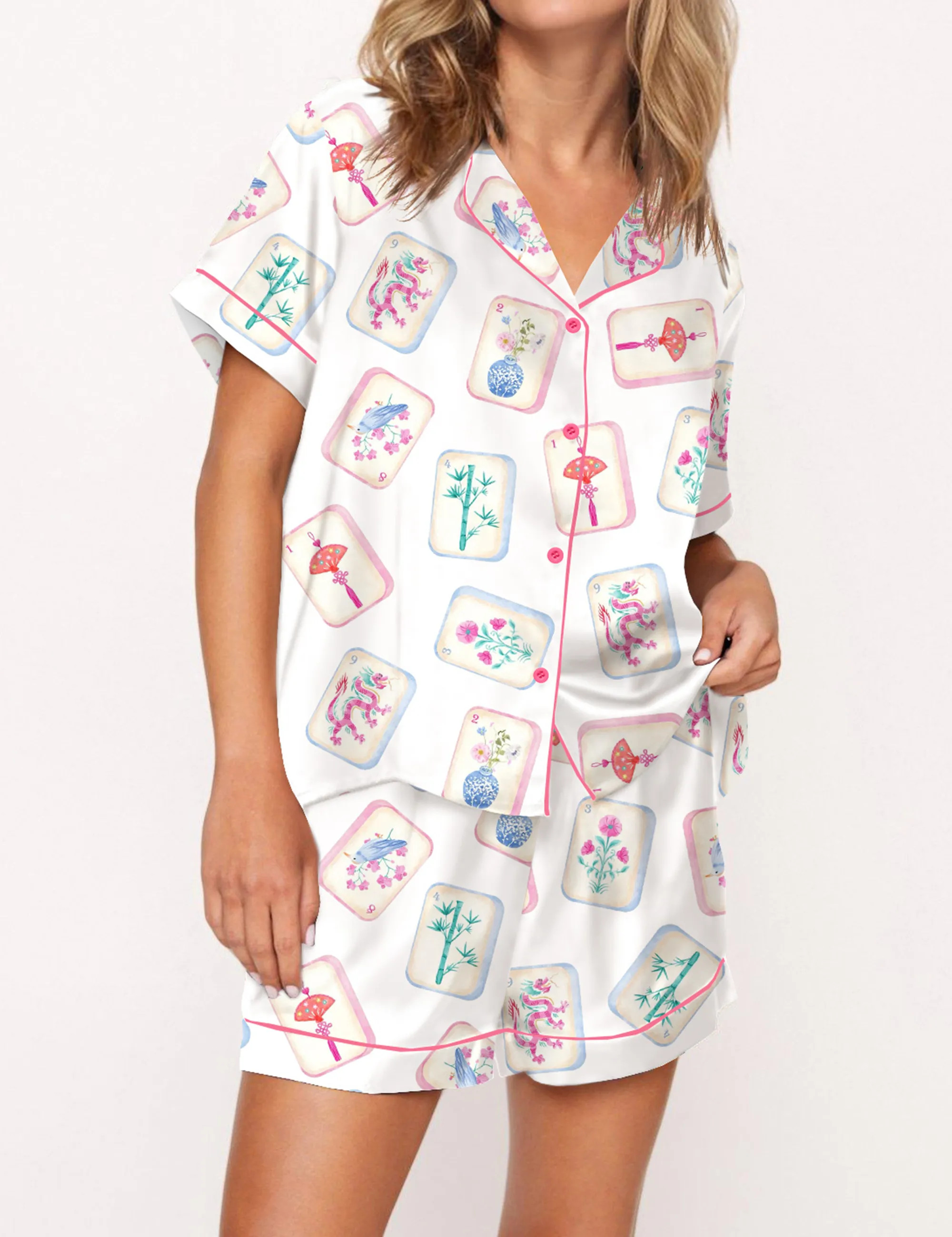 Watercolor Mahjong Silk Satin Pajama Set For Women