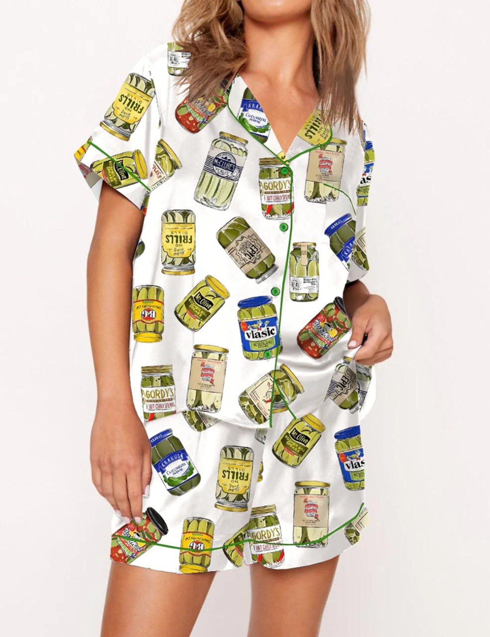 Vintage Canned Pickles Silk Satin Pajama Set For Women