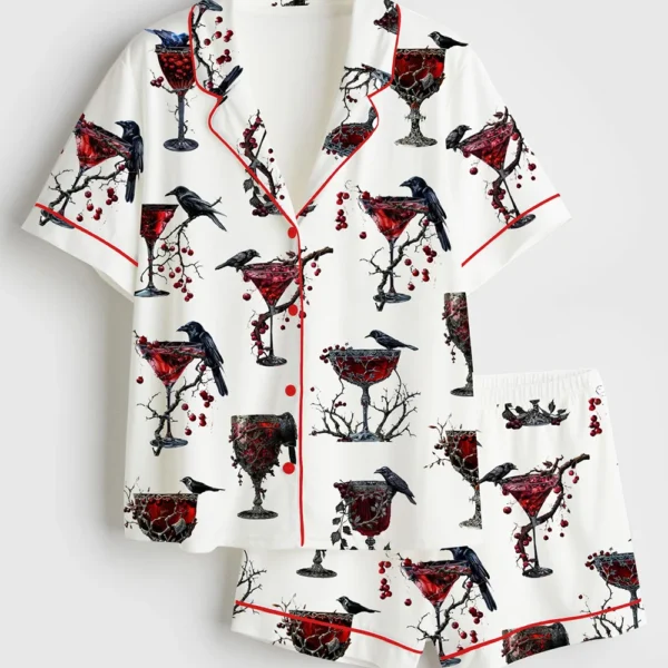 Cocktail Black Bird Red Gothic Christmas Drinks Satin Pajama Set (1)