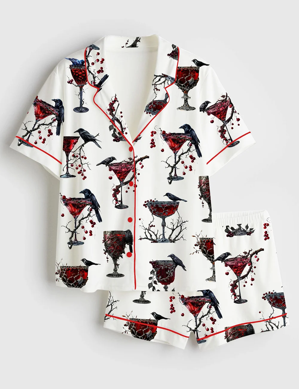 Cocktail Black Bird Red Gothic Christmas Drinks Satin Pajama Set (1)