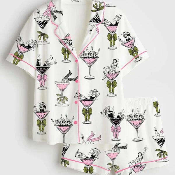 Girls In Martini Glass Hand Drawn Martini Drinks Print Satin Pajama Set (1)