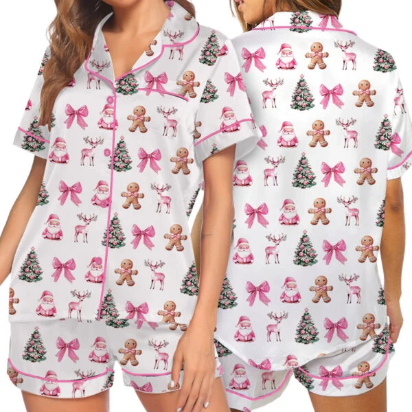 Coquette Pink Christmas Silky Satin Pajama Set For Women