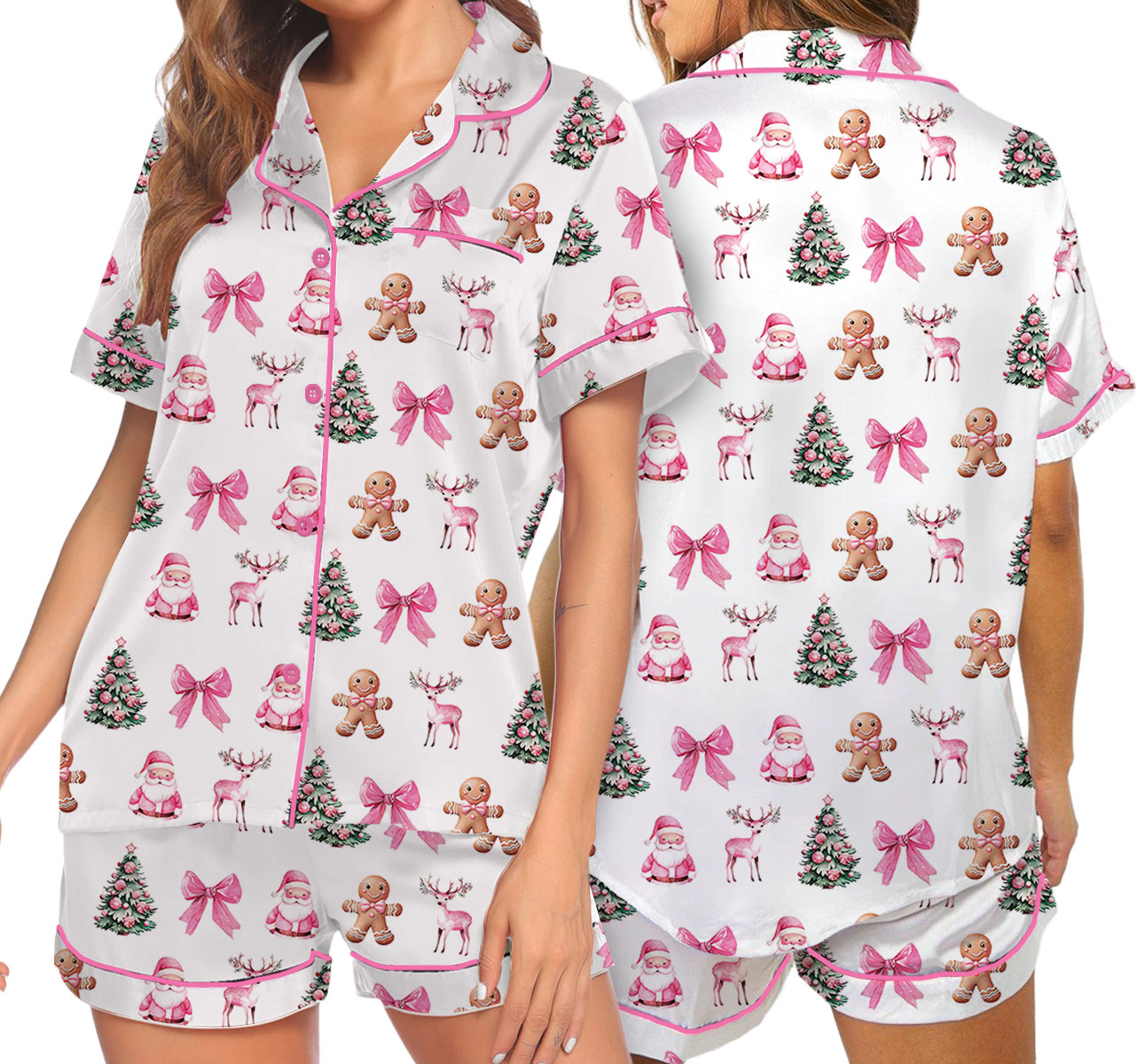 Coquette Pink Christmas Silky Satin Pajama Set For Women